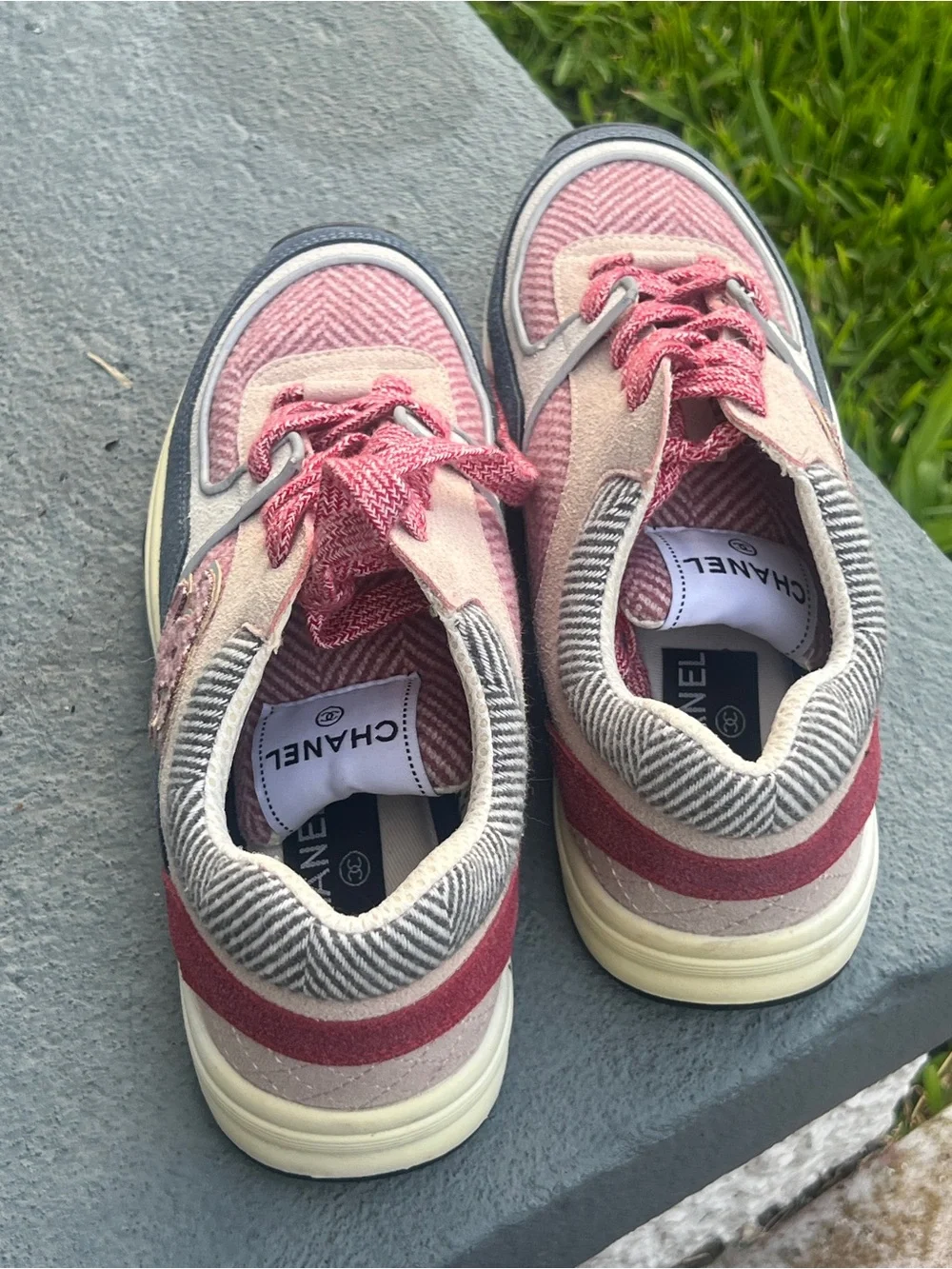 CHANEL Pink, Navy & Cream Mixed-Material Sneakers